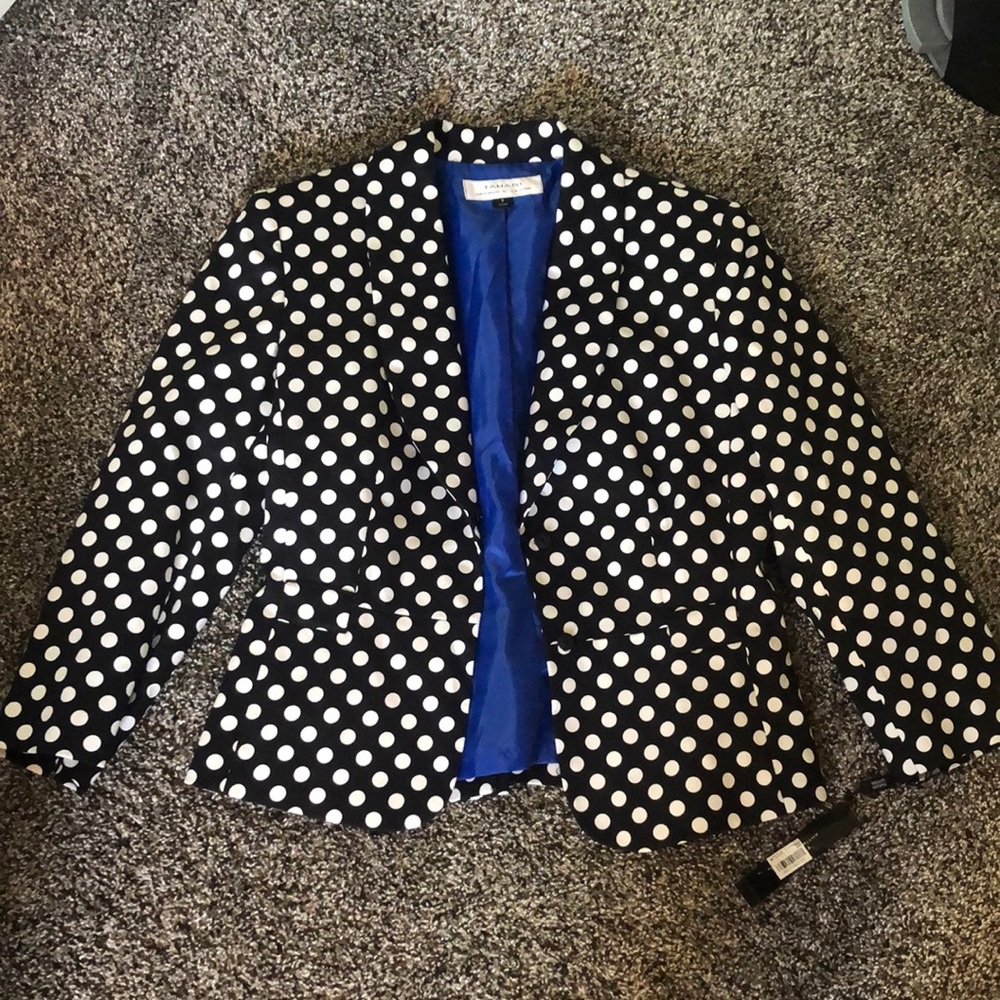 Tahari Black and White Polka Dot Blazer with Modern Silhouette